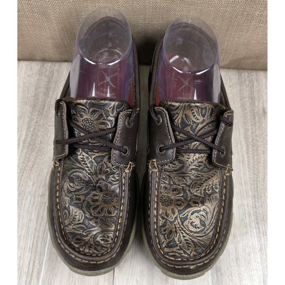 Twisted X Driving Moc Brown Floral Embossed Bronze Lace Up Boat Shoes Womens 7M